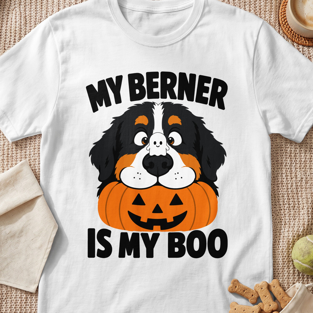 Bernese Mountain Dog wearing a ghost and sitting in a pumpkin, text "MY BERNER IS MY BOO".
