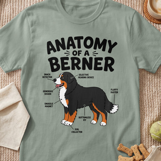 An olive-green t-shirt features a graphic diagram detailing the anatomy of a Bernese Mountain Dog.