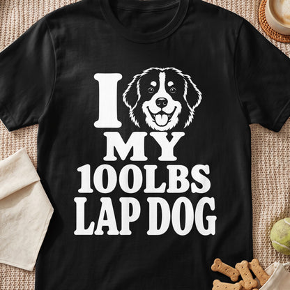 Black t-shirt with "I MY 100LBS LAP DOG" text and dog graphic.
