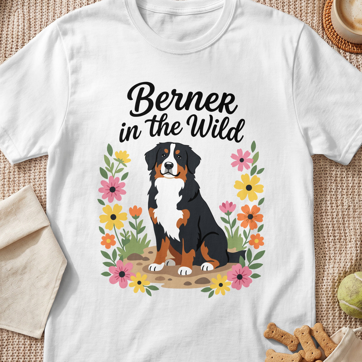 Bernese Mountain Dog surrounded by flowers with text "Berner in the Wild".