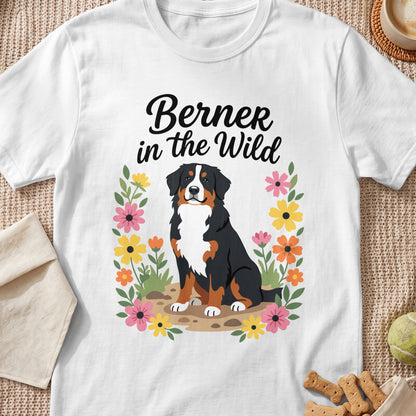 Bernese Mountain Dog surrounded by flowers with text "Berner in the Wild".