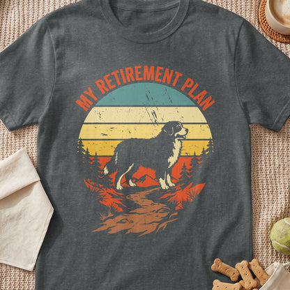 Dark grey t-shirt with vintage "My Retirement Plan" text and dog graphic.