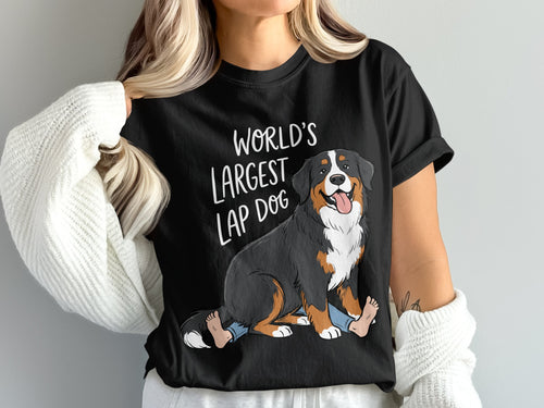 Black t-shirt with "World's Largest Lap Dog" graphic featuring a cartoon Bernese Mountain Dog.