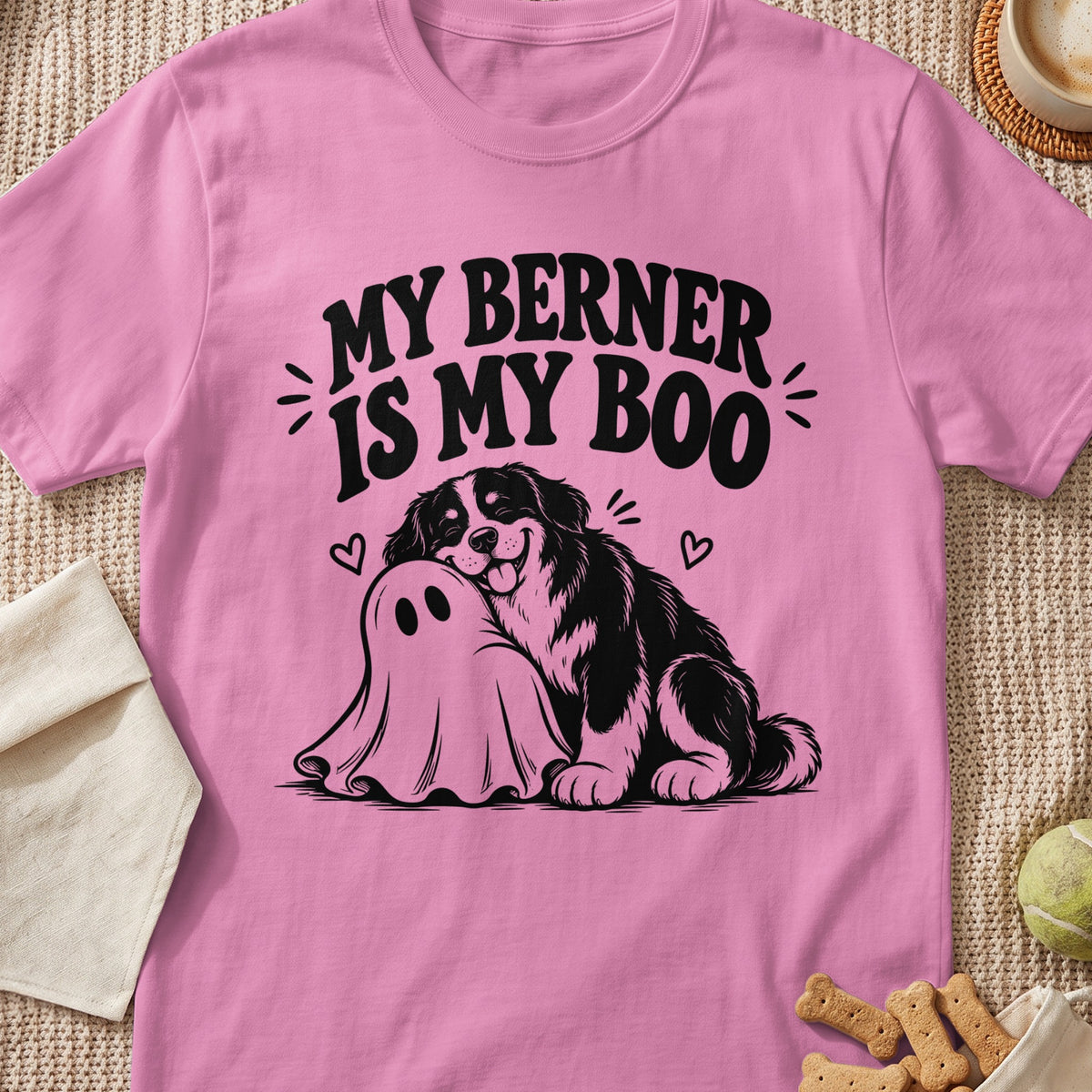 Berner dog hugging a ghost with text "MY BERNER IS MY BOO".