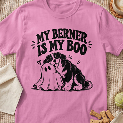 Berner dog hugging a ghost with text "MY BERNER IS MY BOO".