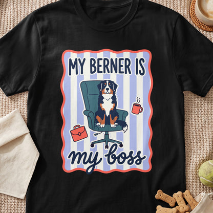 Bernese Mountain Dog sitting in office chair with text "My Berner is my boss".