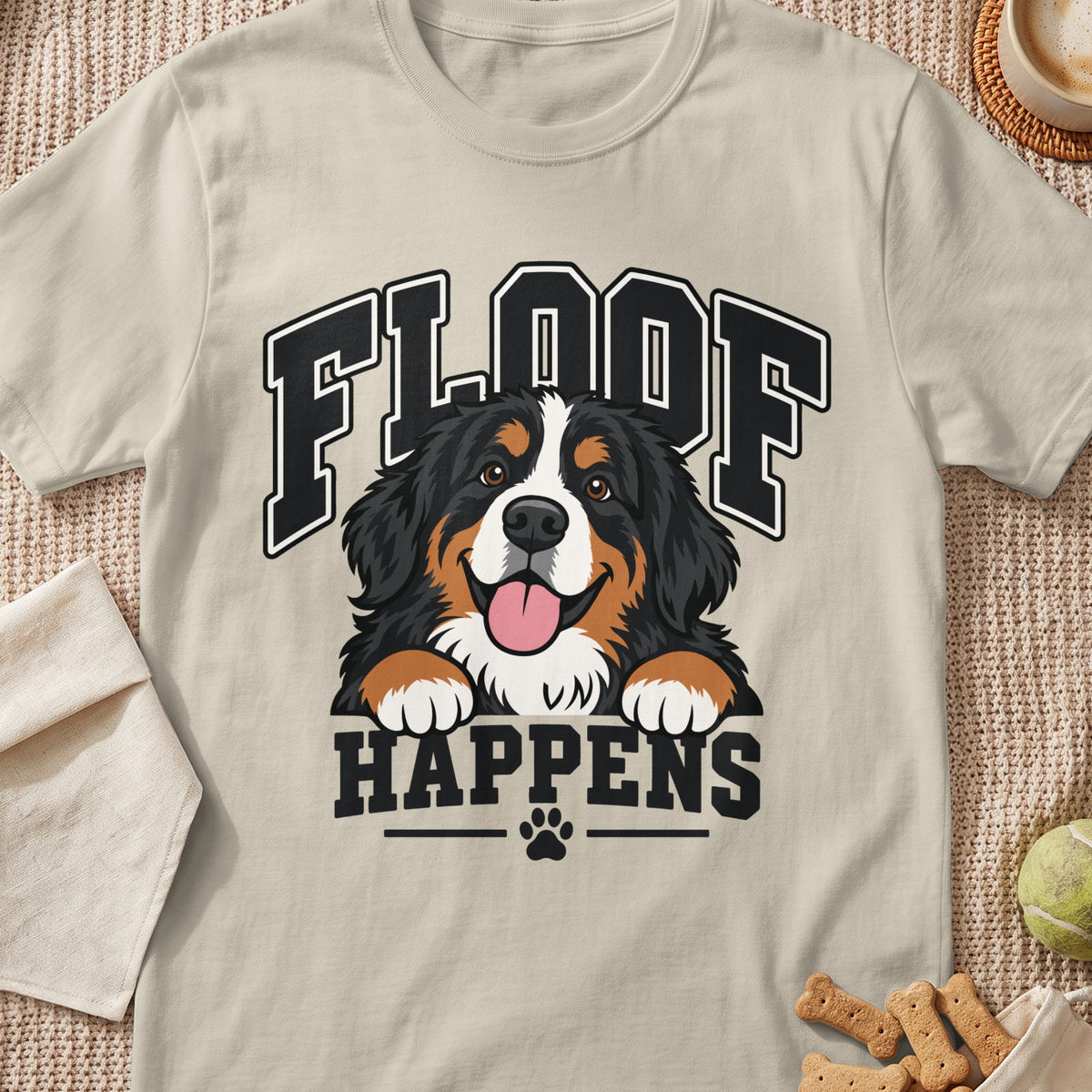 Bernese Mountain Dog peeking over text that reads "FLOOF HAPPENS"