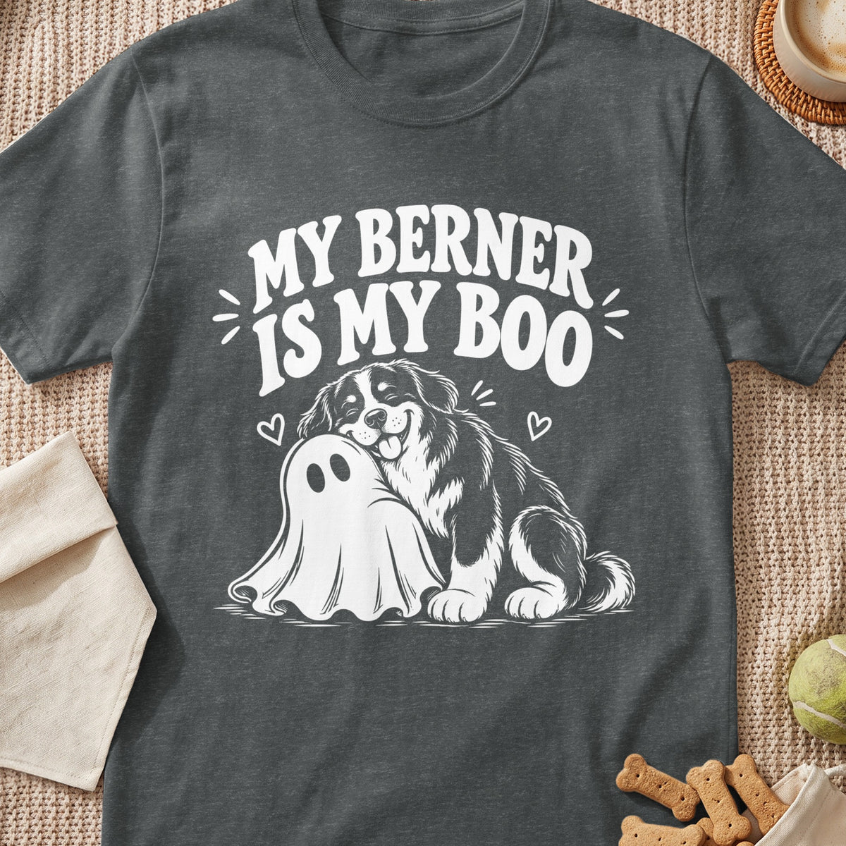 Bernese Mountain Dog hugging a ghost, text says "My Berner Is My Boo".