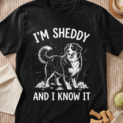 Black t-shirt with white text and illustration of a fluffy dog saying "I'M SHEDDY AND I KNOW IT".