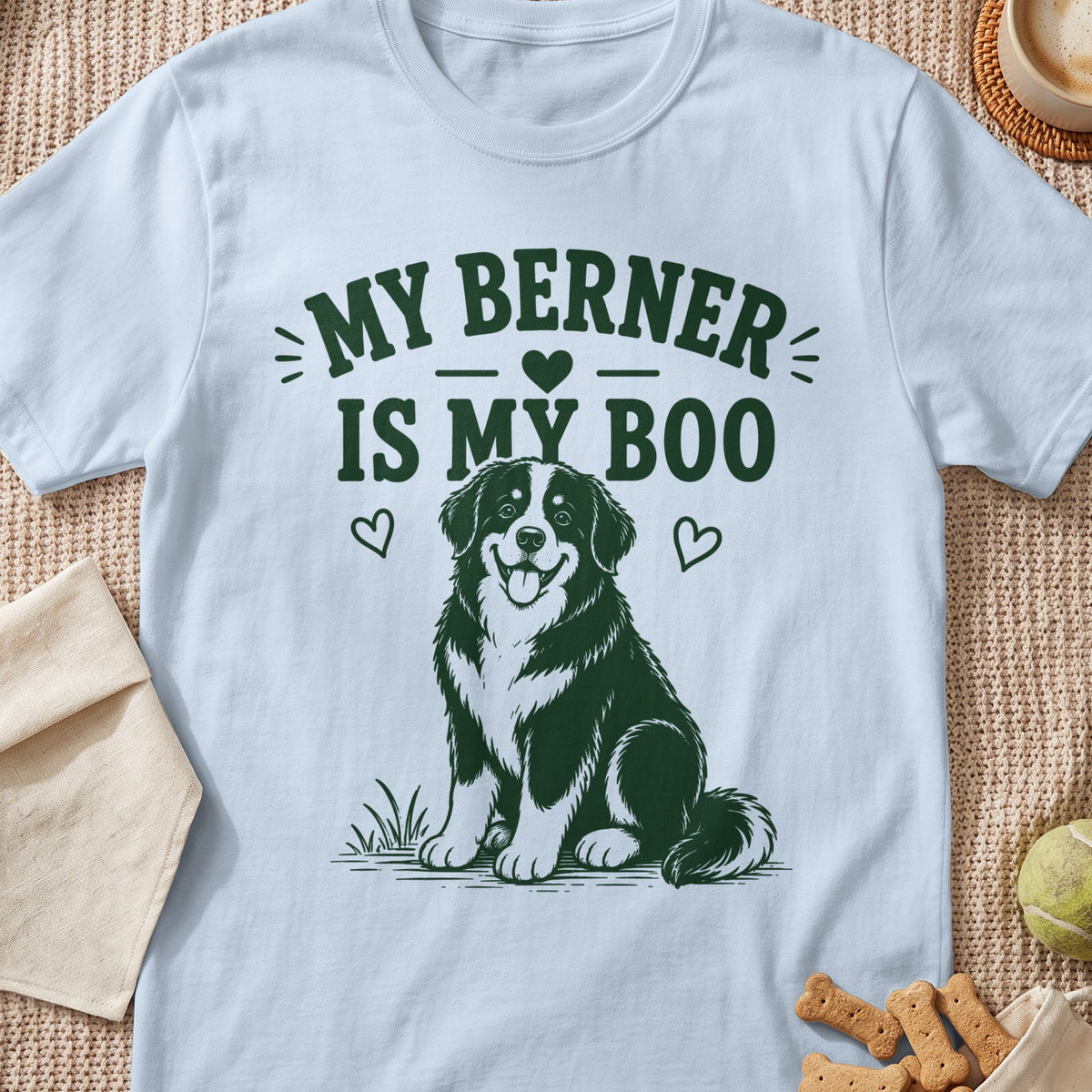 White t-shirt with dark green text "MY BERNER IS MY BOO" and dog graphic.