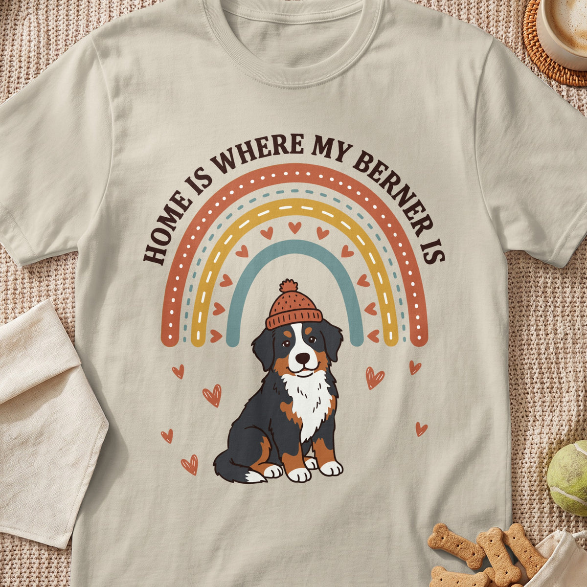 Bernese Mountain Dog wearing a hat with "Home is where my Berner is" text and a rainbow.
