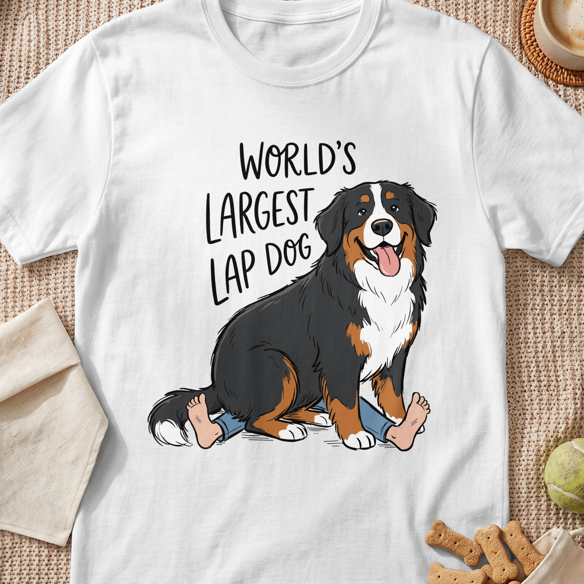 Bernese Mountain Dog under text that says "WORLD'S LARGEST LAP DOG".