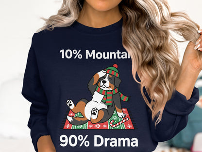 Bernese Mountain Dog wearing scarf and hat with "10% Mountain, 90% Drama" text.