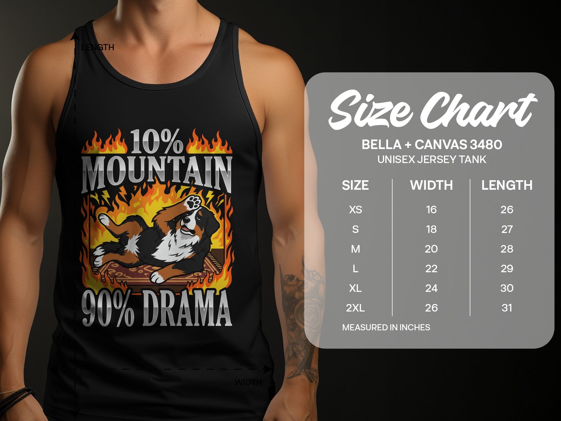 Black tank top with "10% Mountain, 90% Drama" design and size chart.