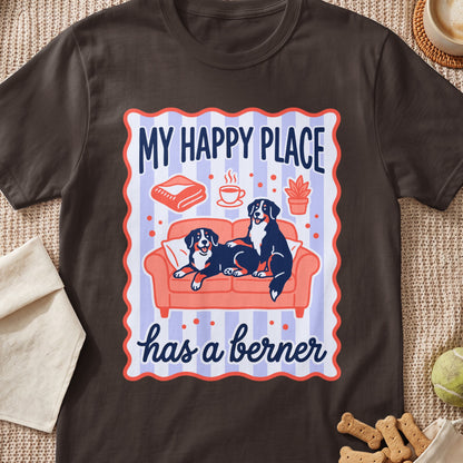 Bernese Mountain Dogs on a couch with "My Happy Place has a Berner" text.