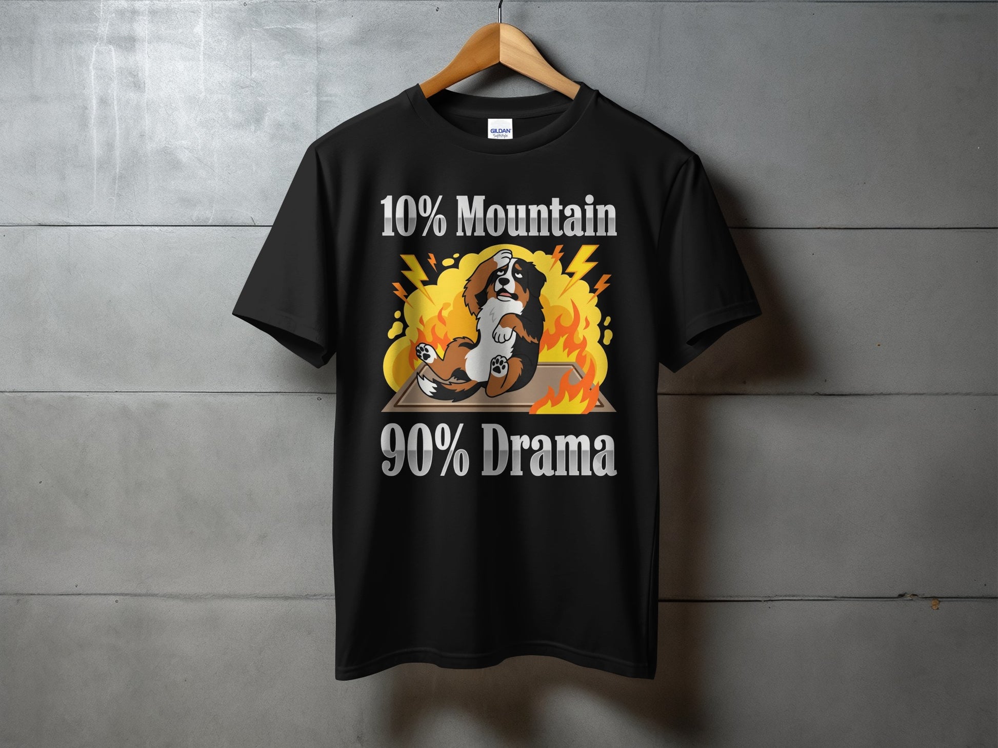 Black t-shirt with dog motif and text "10% Mountain 90% Drama".