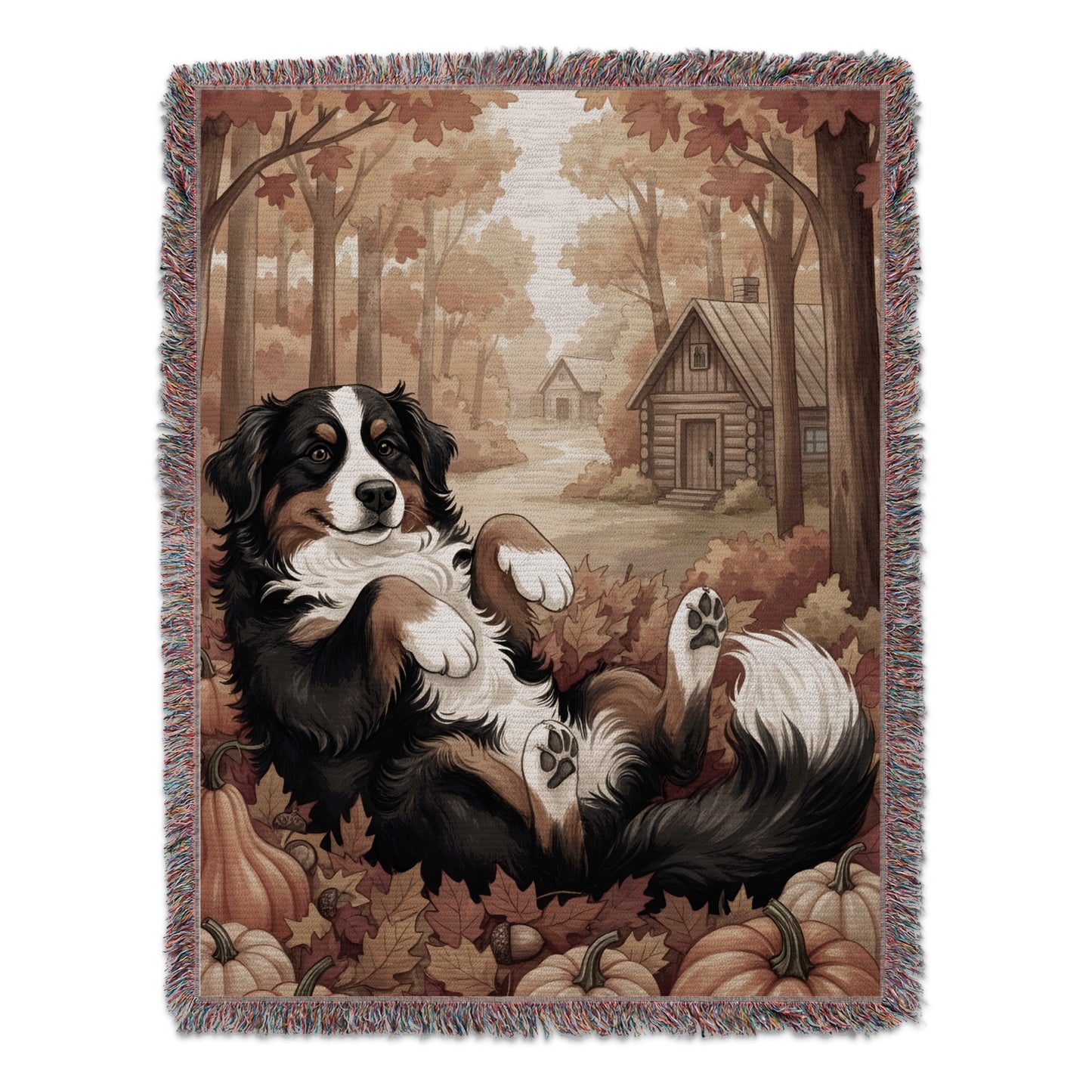 Cozy Autumn Cabin Scene with Relaxed Dog Blanket