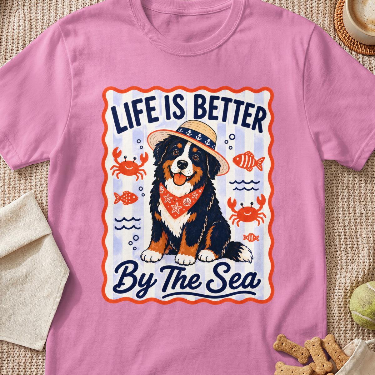 Bernese Mountain Dog wearing straw hat and bandana, with text "Life Is Better By The Sea."