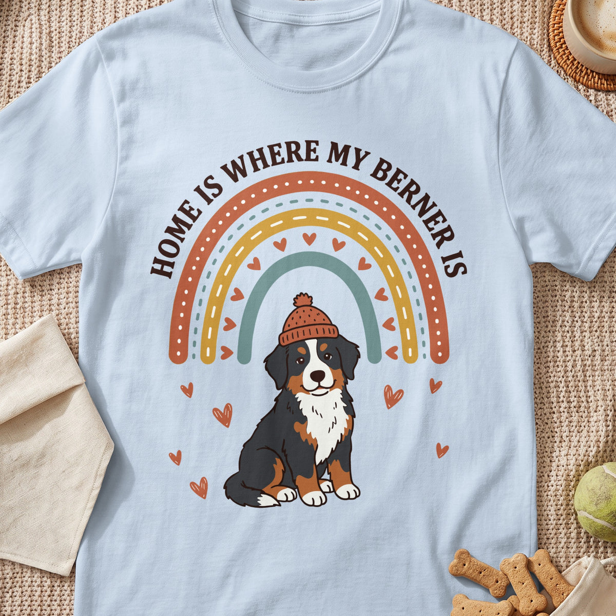 Light blue t-shirt with a cartoon Bernese Mountain Dog wearing a beanie under a rainbow.