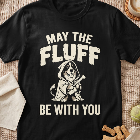 Bernese Mountain Dog in robe holding bone; text "May the fluff be with you".