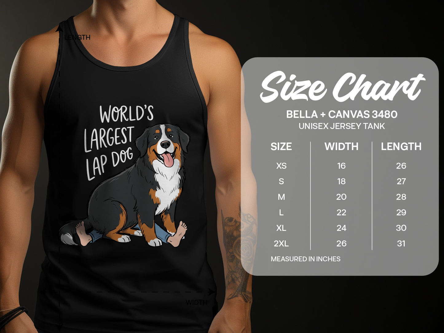 Black tank top with "World's Largest Lap Dog" text and graphic, with a size chart.