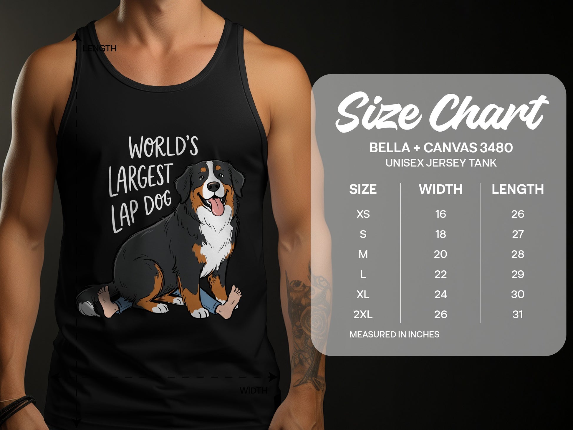 Black tank top with "World's Largest Lap Dog" text and graphic, with a size chart.