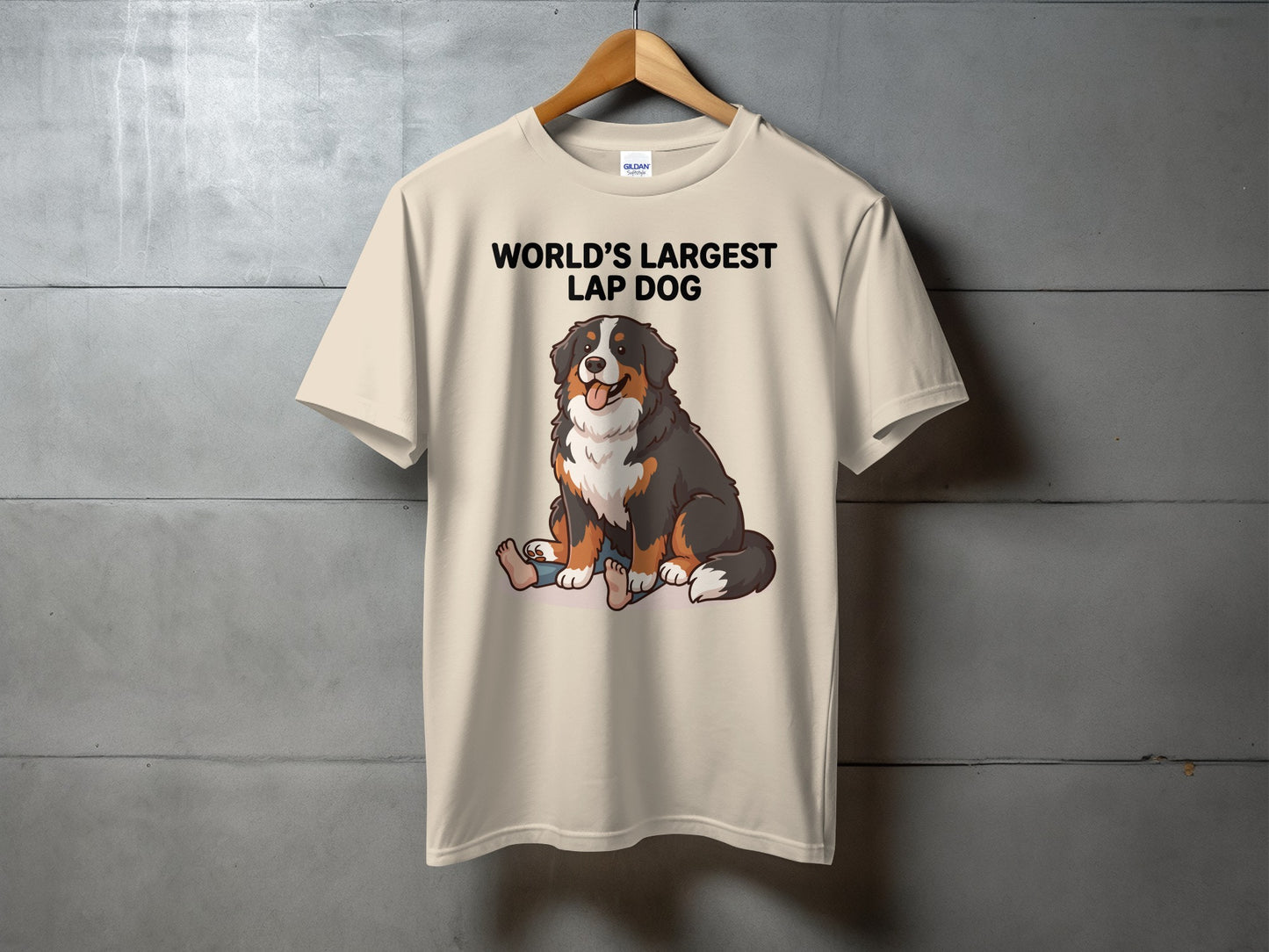 Cream t-shirt with "World's Largest Lap Dog" text and cartoon dog graphic.