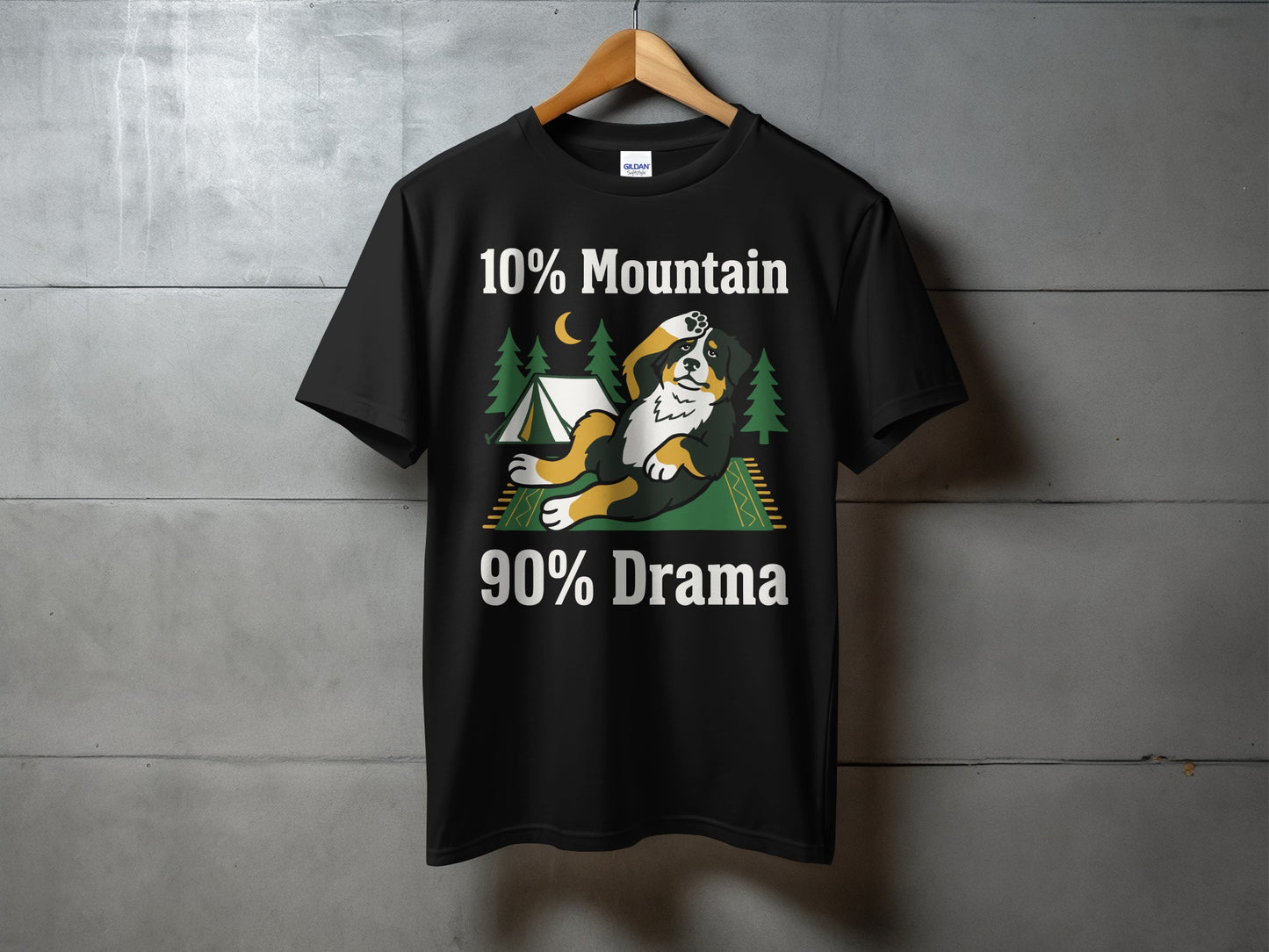 Black t-shirt with "10% Mountain 90% Drama" text and illustrated dog.