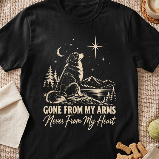 Black t-shirt with dog looking at moon and stars, "Gone From My Arms, Never From My Heart" text.