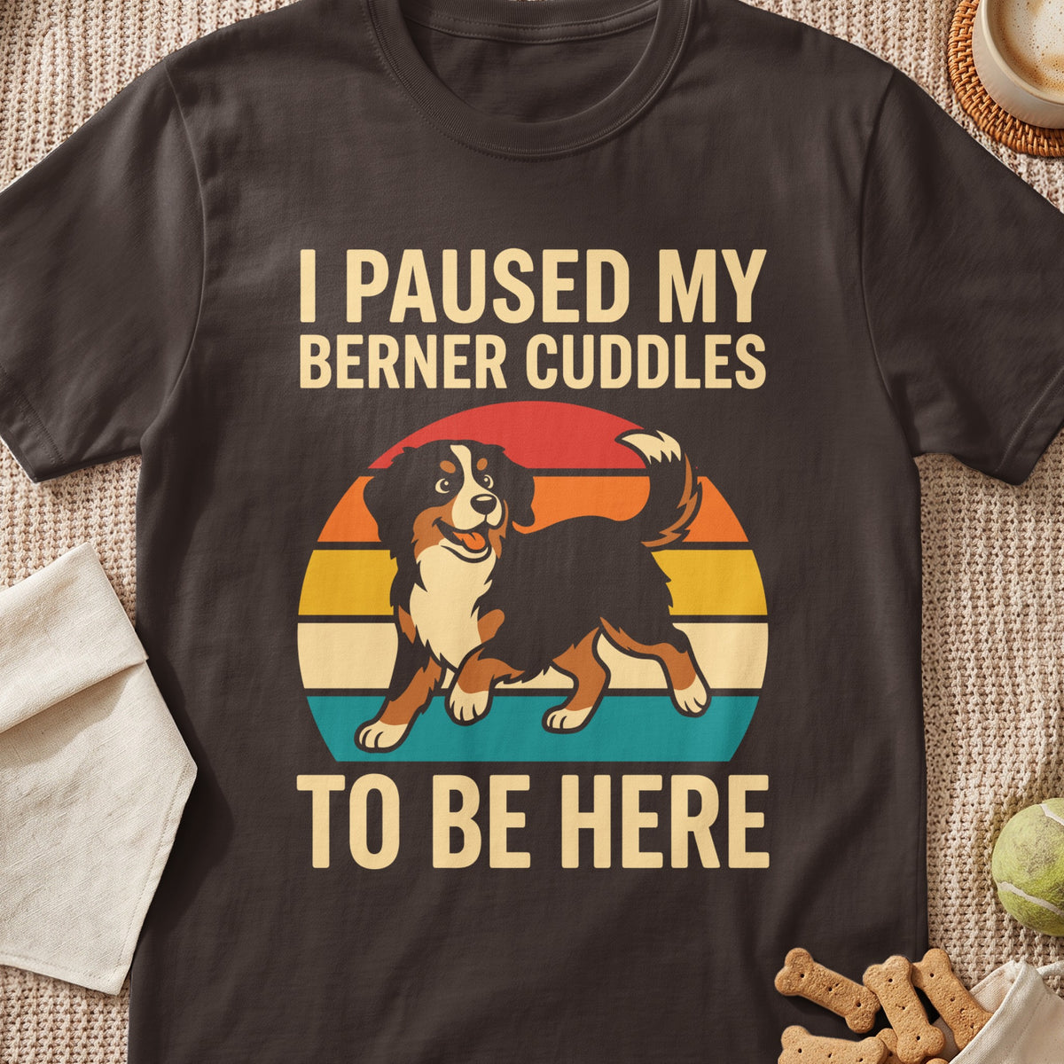Bernese Mountain Dog graphic with text "I paused my Berner cuddles to be here."