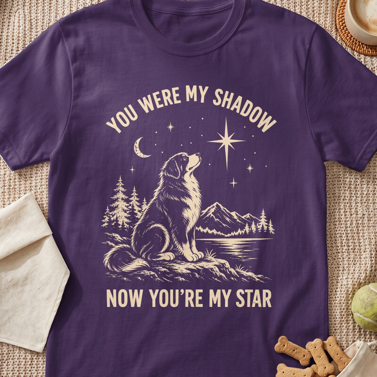 Purple t-shirt with a dog looking at a star and the text "YOU WERE MY SHADOW NOW YOU'RE MY STAR".