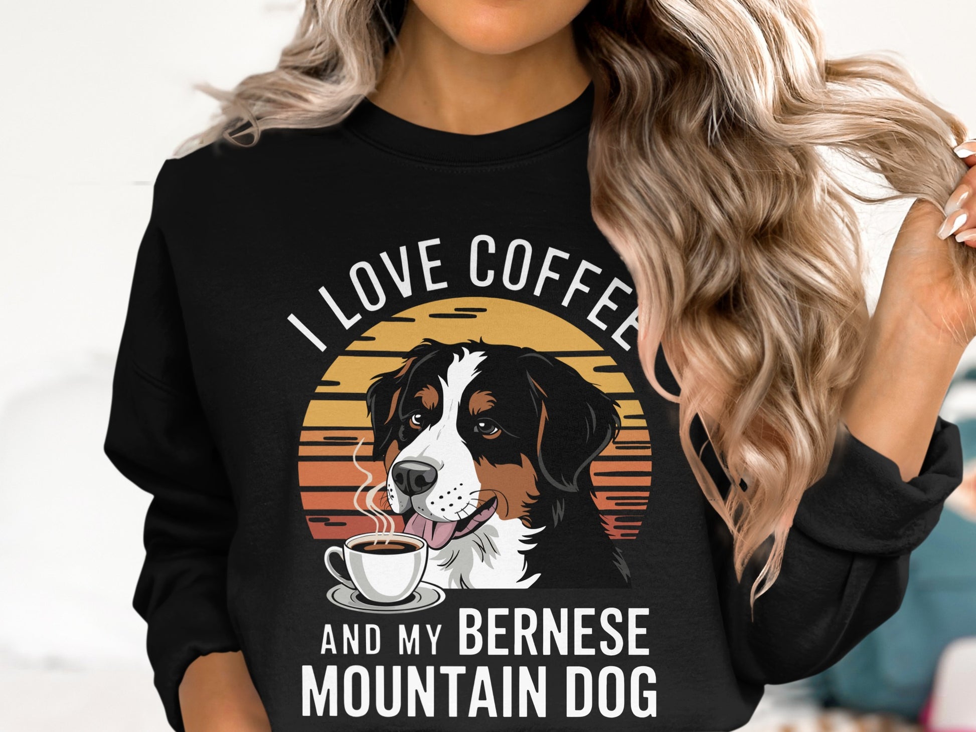 Bernese Mountain Dog and coffee graphic with text "I LOVE COFFEE AND MY BERNESE MOUNTAIN DOG".