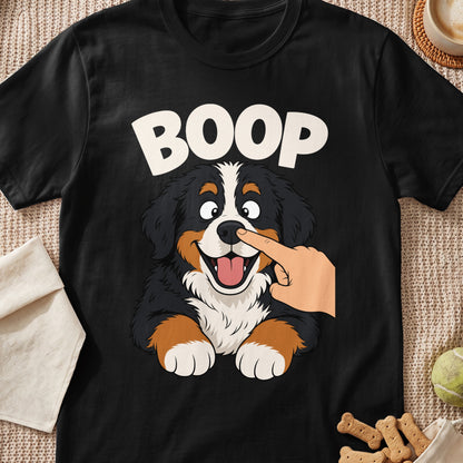 Black t-shirt with "BOOP" text and cartoon Bernese Mountain Dog getting its nose booped.