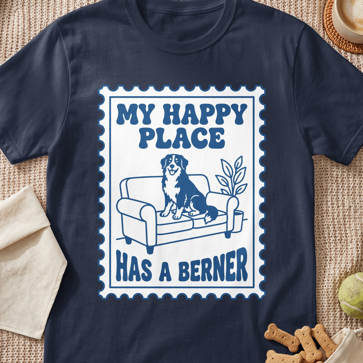 Navy t-shirt with "My Happy Place Has A Berner" text and dog on couch graphic.