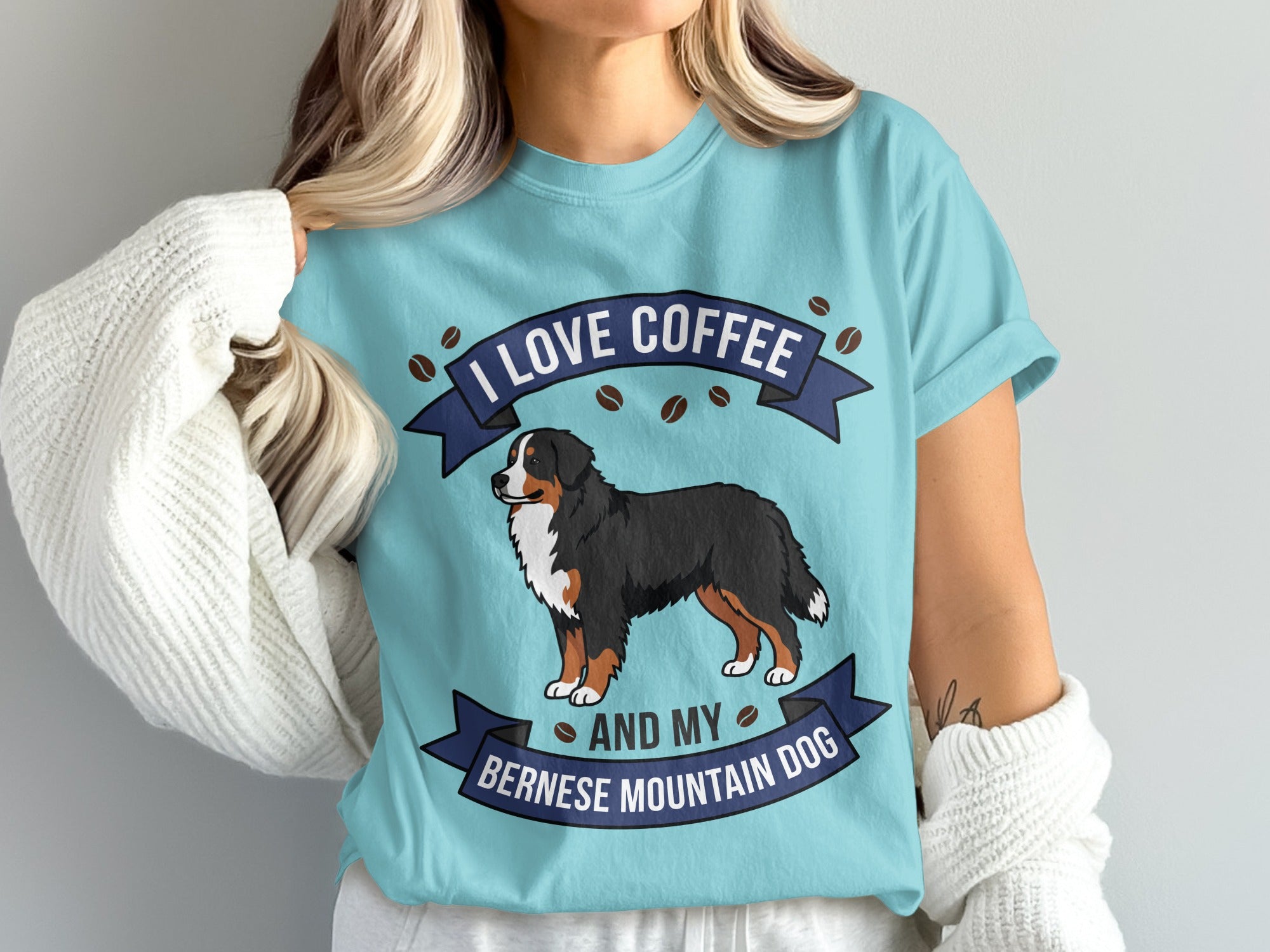 Teal t-shirt with "I Love Coffee And My Bernese Mountain Dog" text and graphic.