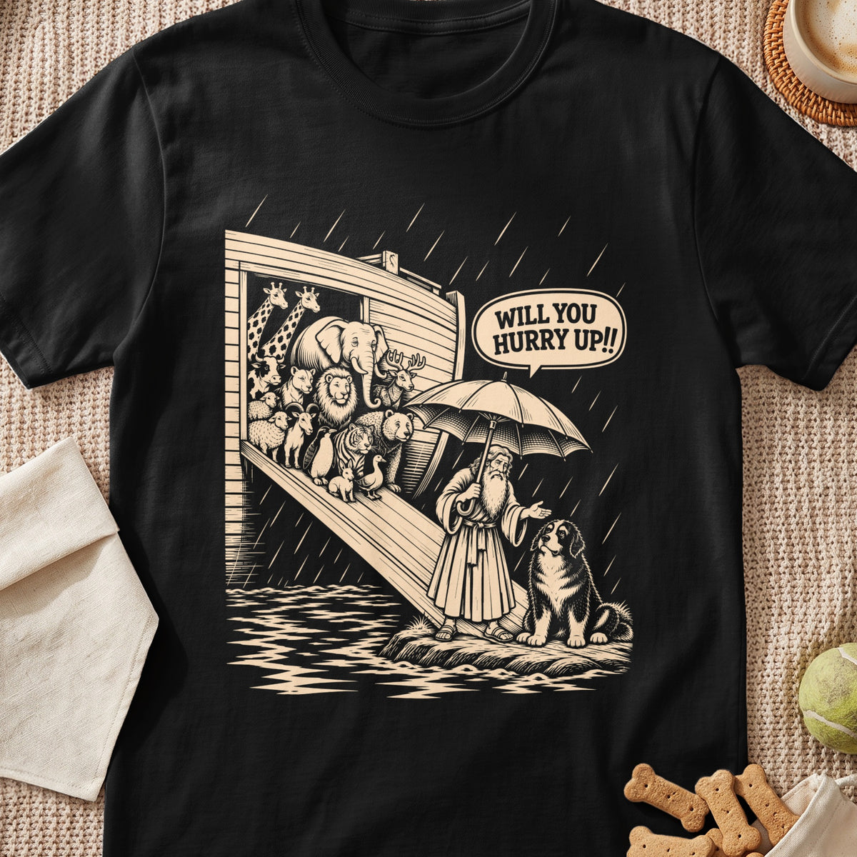 Noah's Ark with animals, a man with an umbrella, and text: "WILL YOU HURRY UP!!"