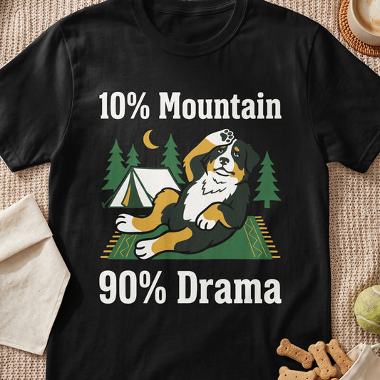 Black t-shirt with cartoon Bernese Mountain Dog and text "10% Mountain 90% Drama".