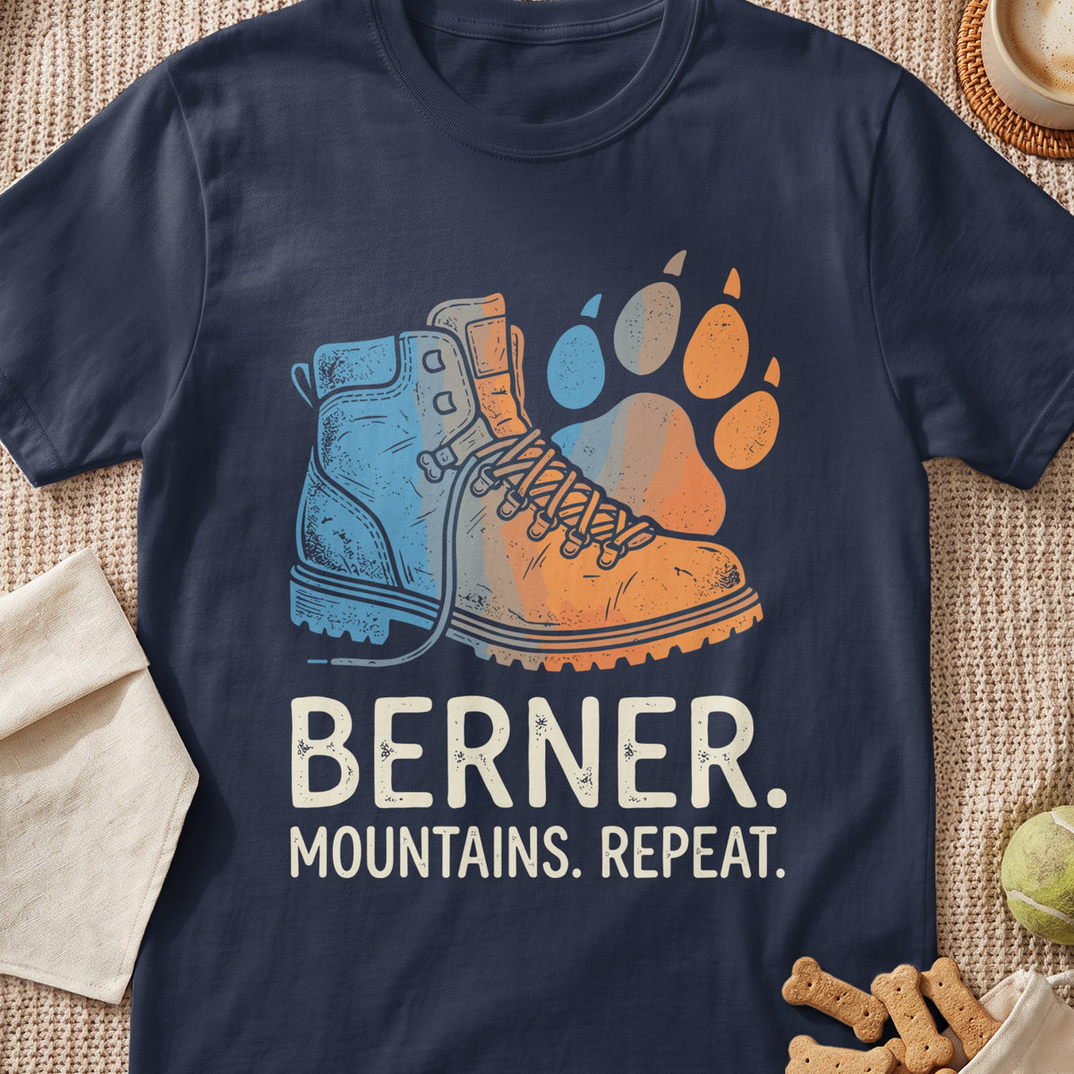 Hiking boot and paw print graphic with text "BERNER. MOUNTAINS. REPEAT."