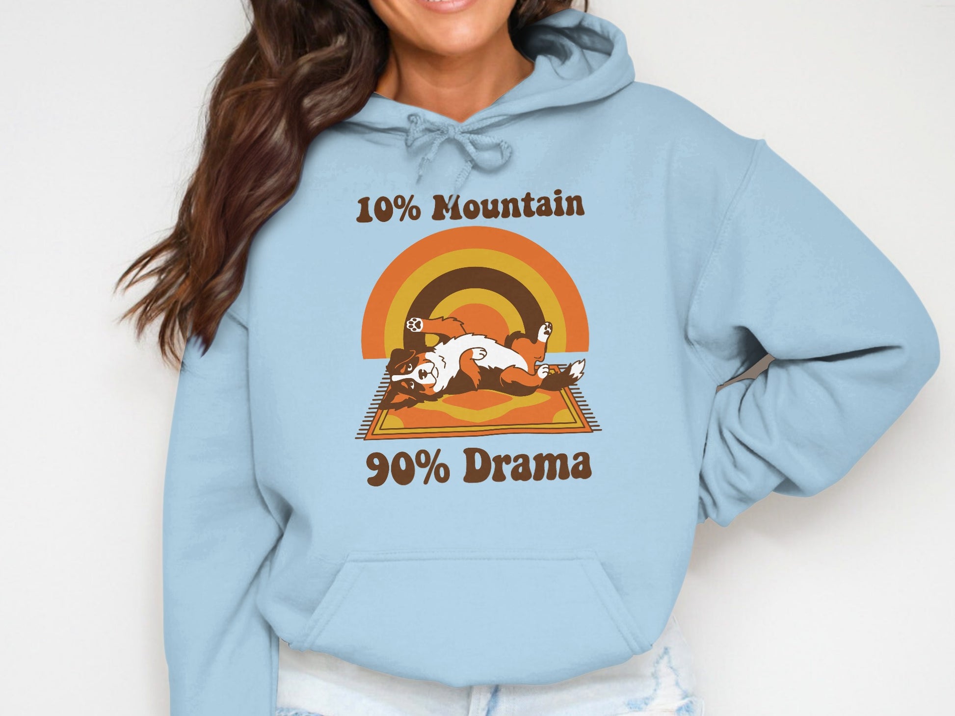 Light blue hoodie with a dog on a rug and rainbow graphic with text.