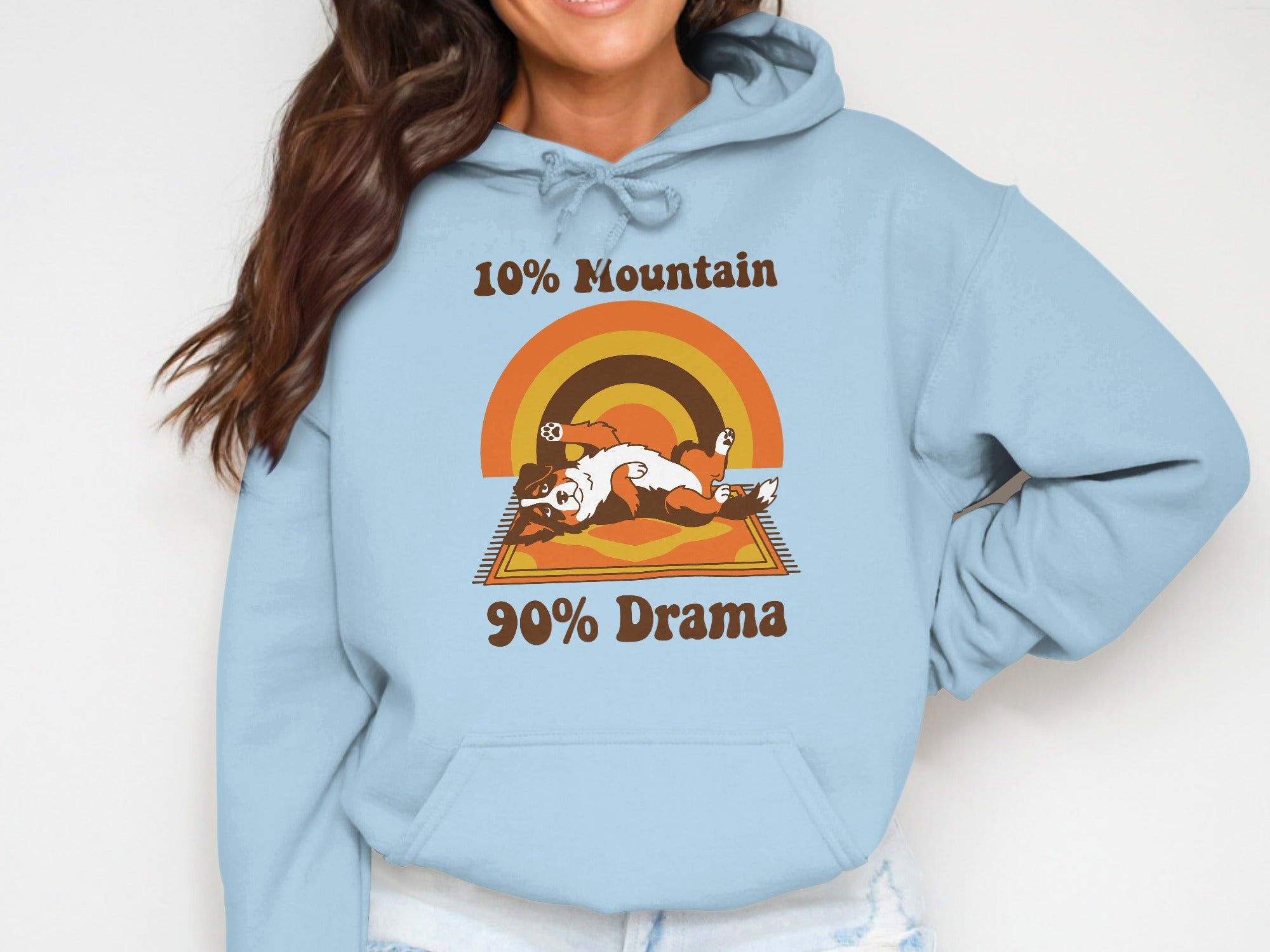 Light blue hoodie with a dog on a rug and rainbow graphic with text.