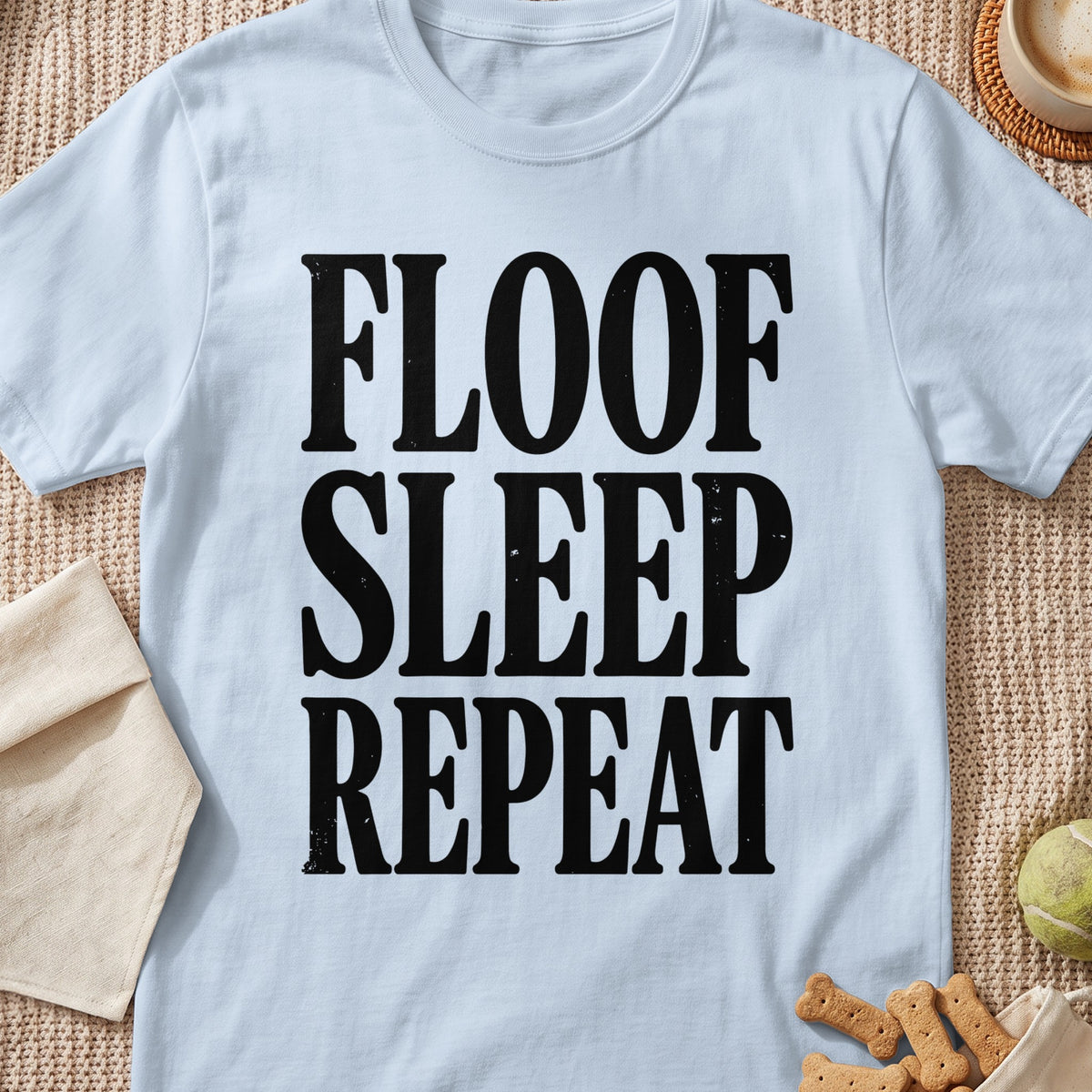 Light blue t-shirt with black text: floof, sleep, repeat.