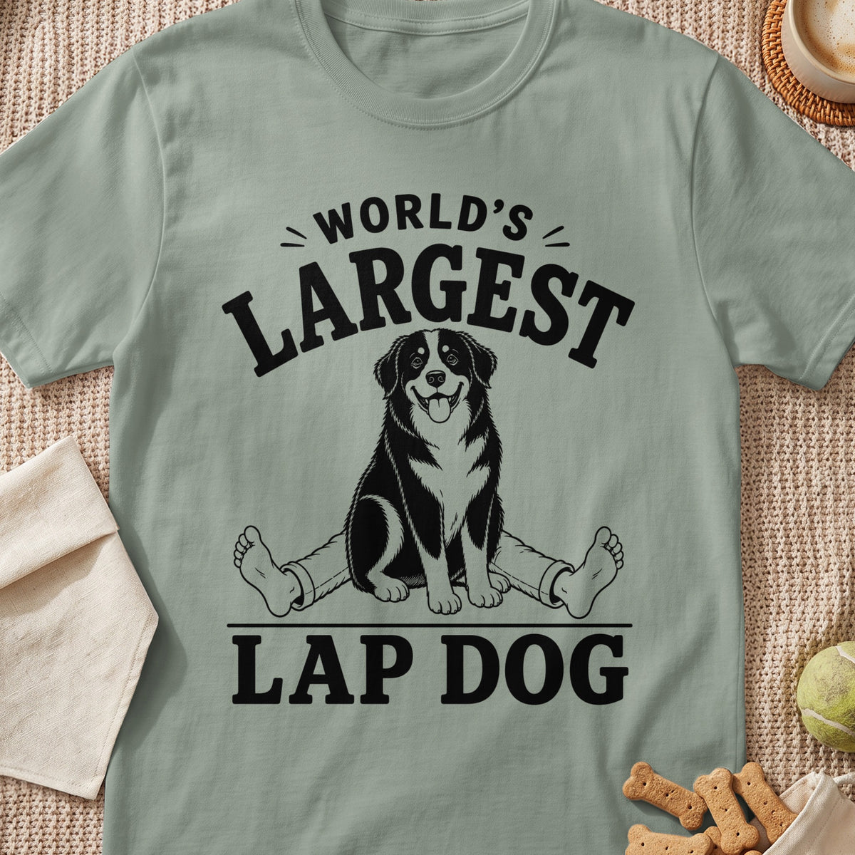 T-shirt with "World's Largest Lap Dog" text and a large dog graphic.