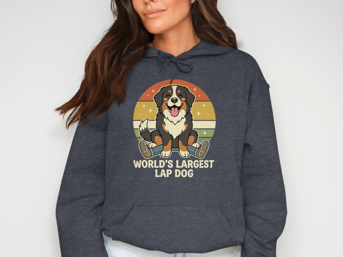 Bernese Mountain Dog graphic with text "WORLD'S LARGEST LAP DOG" on hoodie.