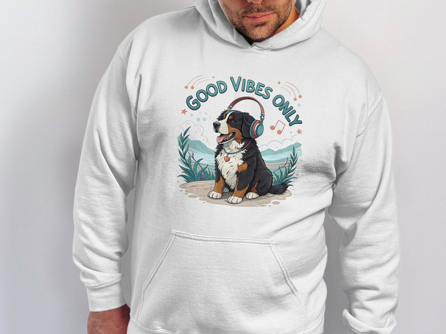 Good Vibes Only Wearing Headphones Printed Hoodie Product