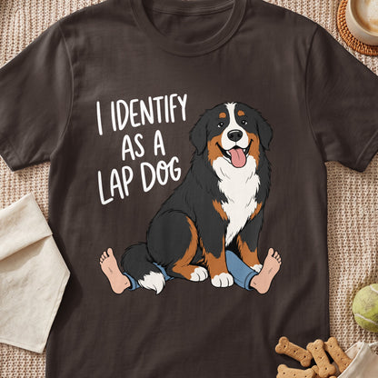 Bernese Mountain Dog on t-shirt with text "I identify as a lap dog"