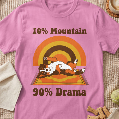 Pink t-shirt with cartoon dog on a mat and text "10% Mountain 90% Drama".