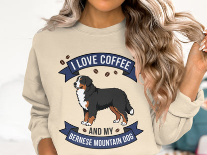 Bernese Mountain Dog graphic with text "I LOVE COFFEE AND MY BERNESE MOUNTAIN DOG".