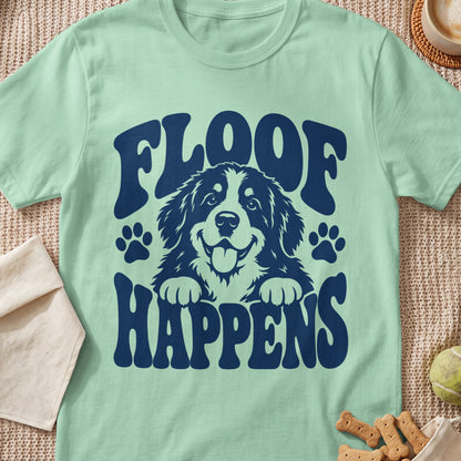 Mint t-shirt with dark blue text "FLOOF HAPPENS" and a dog graphic.