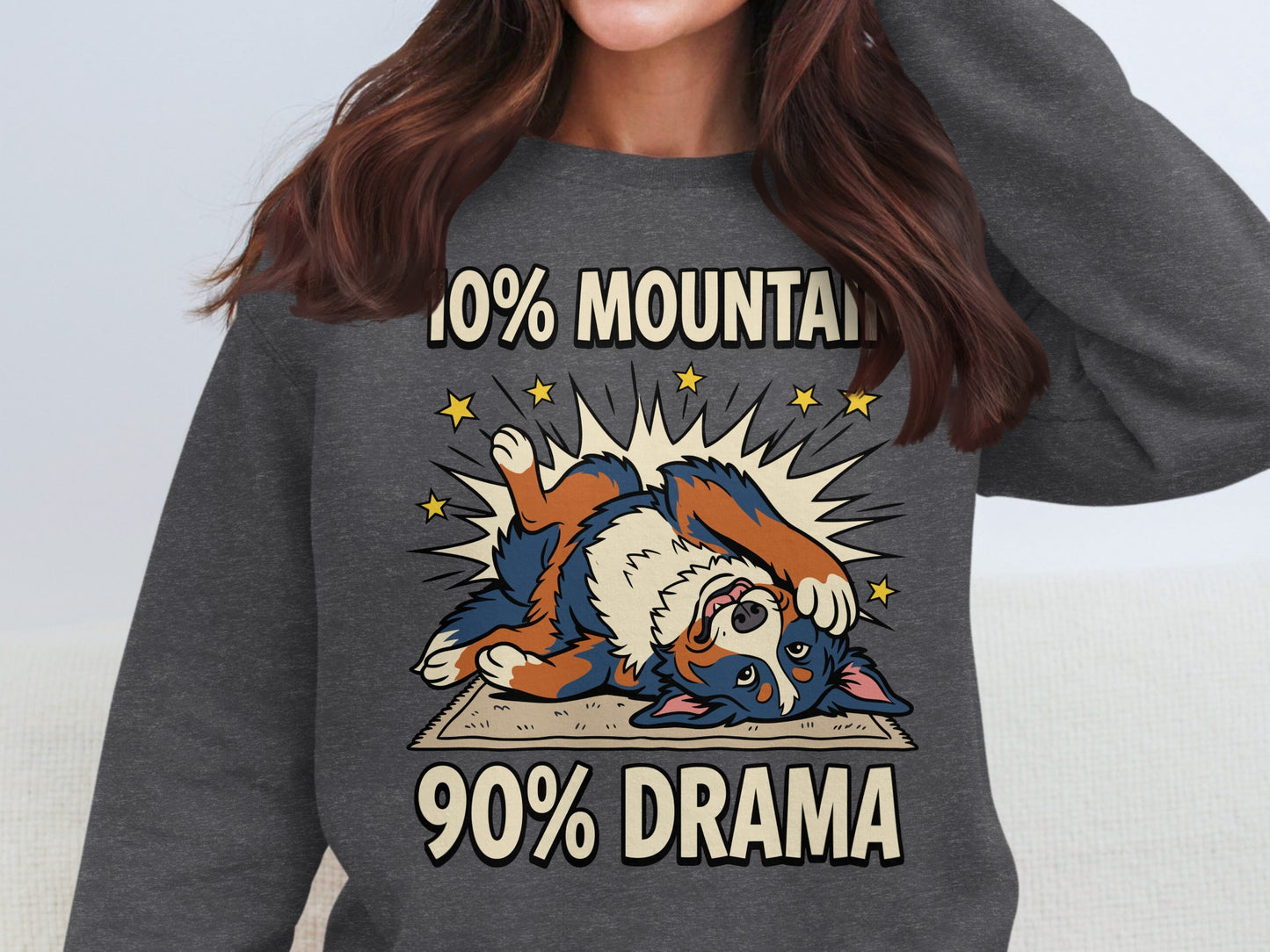 Dark gray sweatshirt with a cartoon dog and text "10% MOUNTAIN 90% DRAMA".