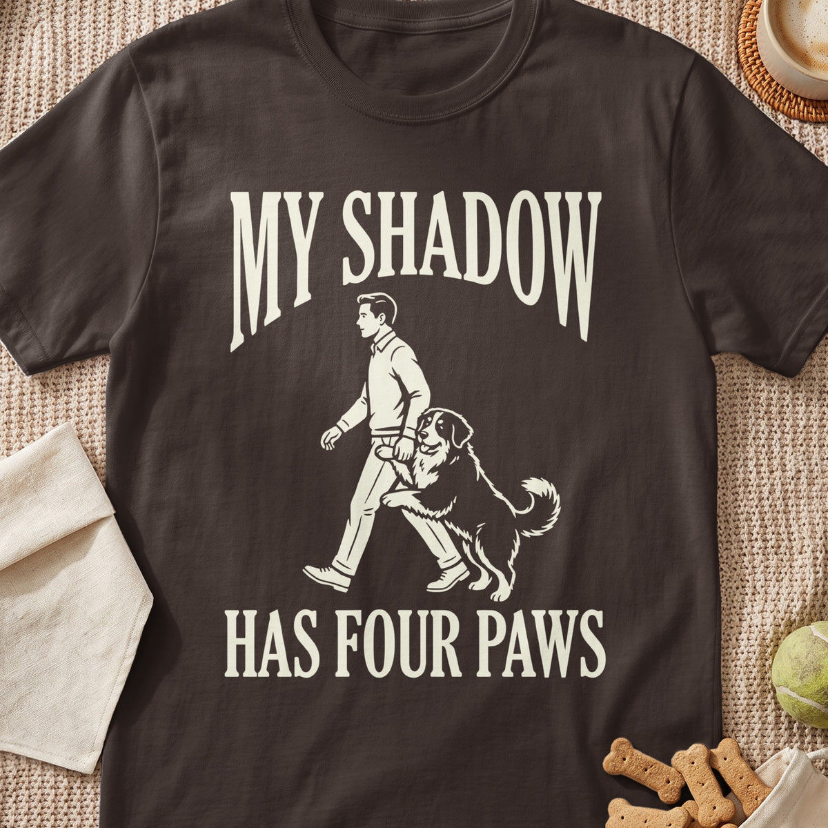 T-shirt with cream text "My Shadow Has Four Paws" and a man walking a dog.